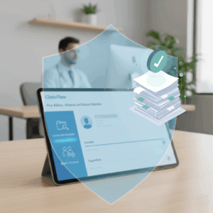Imagen decorativa para ilustrar el plan personalizado. Al fondo hay dos oficinistas trabajando y en el primer plano hay una tablet con la página de ClinicFlow abierta. Por encima de esto, en transparencia, un escudo color azul con dibujos de papeles con una tilde de checklist encima.