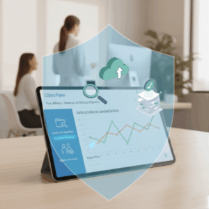 Imagen decorativa para ilustrar el plan personalizado. Al fondo hay dos oficinistas trabajando y en el primer plano hay una tablet con la página de ClinicFlow abierta. Por encima de esto, en transparencia, un escudo color azul con dibujos de papeles con una tilde de checklist arriba, una lupa y una nube con una flecha ascendente.