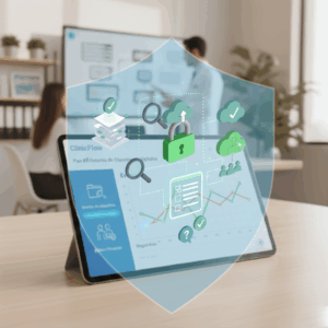 Imagen decorativa para ilustrar el plan personalizado. Al fondo hay dos oficinistas trabajando y en el primer plano hay una tablet con la página de ClinicFlow abierta. Por encima de esto, en transparencia, un escudo color azul con dibujos de papeles, candados, lupas, documentos, tildes de checklists, etc.