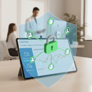 Imagen decorativa para ilustrar el plan personalizado. Al fondo hay dos oficinistas trabajando y en el primer plano hay una tablet con la página de ClinicFlow abierta. Por encima de esto, en transparencia, un escudo color azul con dibujos de un candado e íconos de usuarios conectados con líneas.